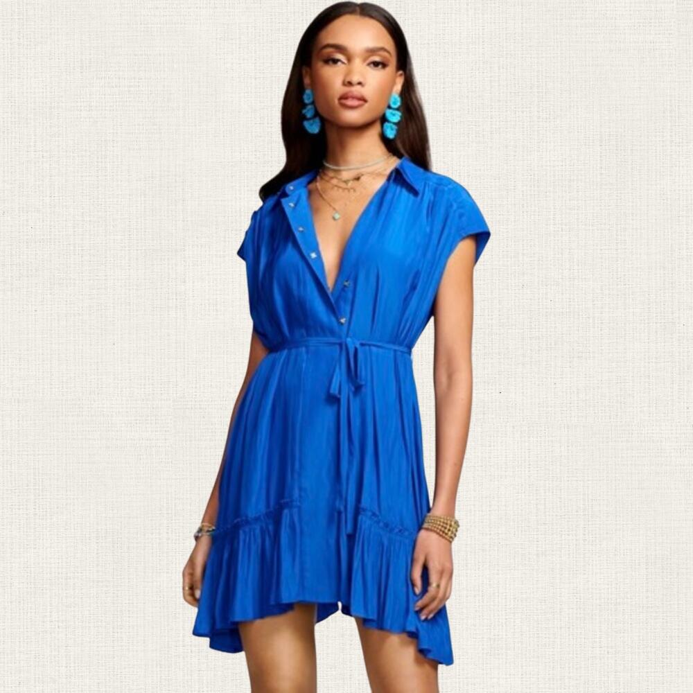Ramy Brook London Mosaic Blue Mini Dress Cobalt Tie Waist Size XS
